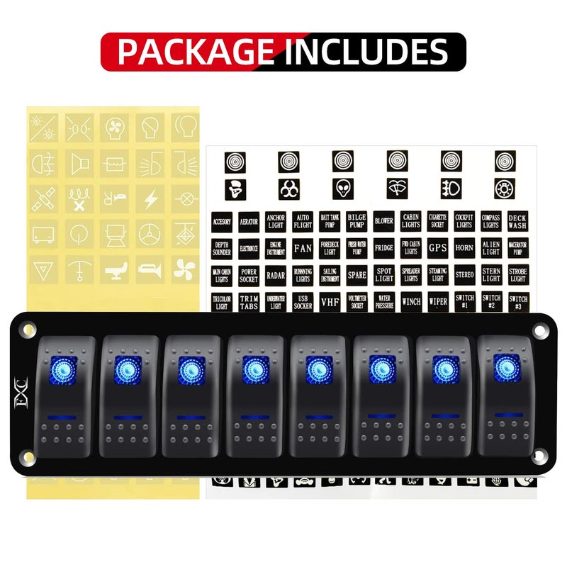 FXC Blue 8 Gang Rocker Switch Aluminum Panel Toggle Dash ON/Off Pre-Wired Switches Rocker Switch Panel Waterproof for 12V/24V Automotive Cars Marine Boats RVs Trailers - Image 3